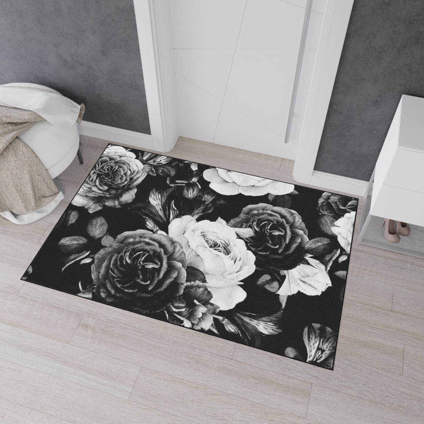 Black and White Floral Heavy Duty Floor Mat