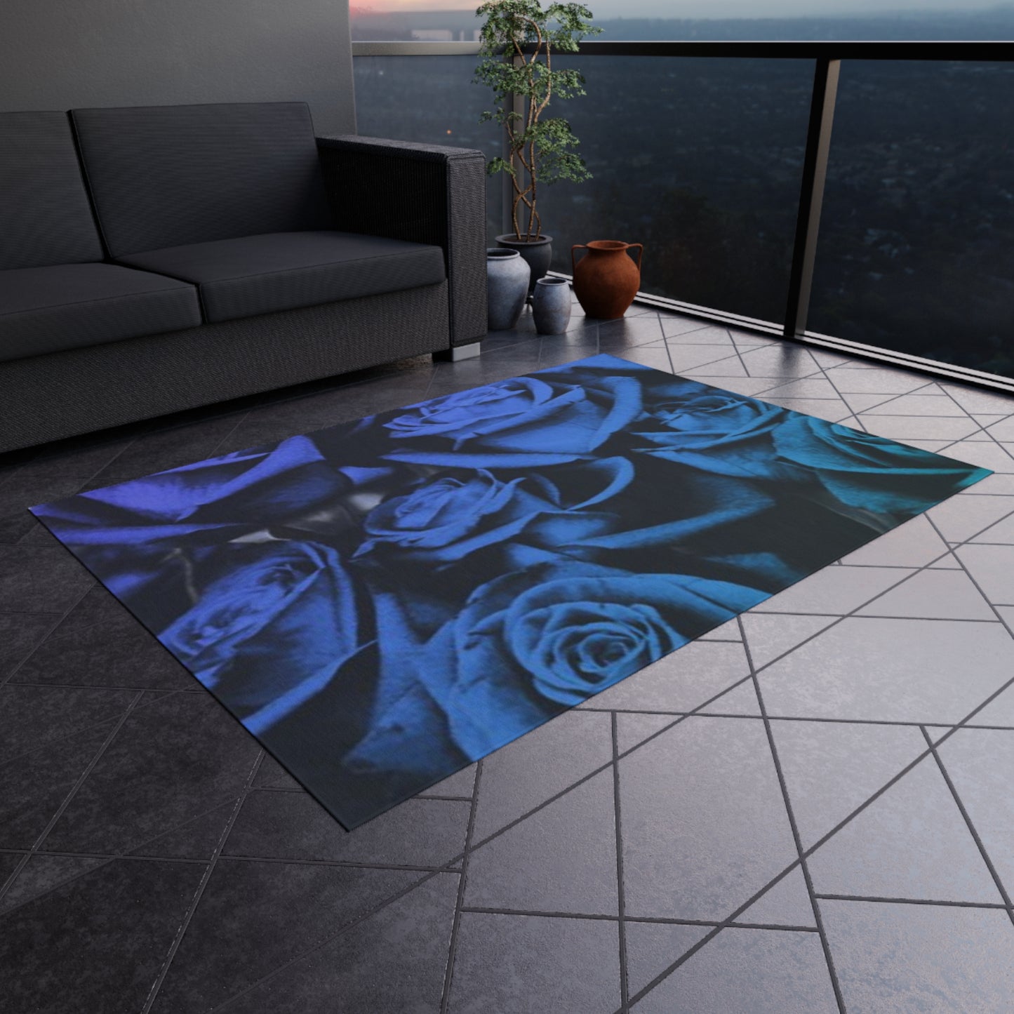 Blue Roses Outdoor Rug