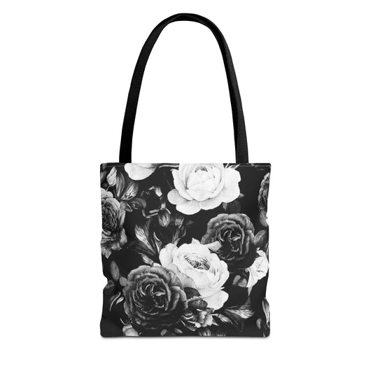 Black and White Floral Square Tote Bag