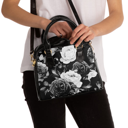 Black and White Floral Shoulder Handbag