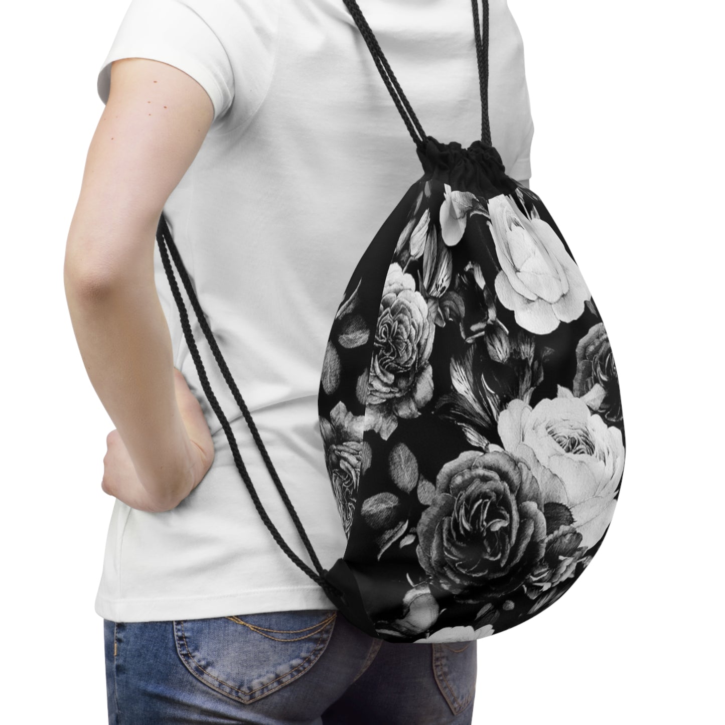 Black and White Floral Drawstring Bag