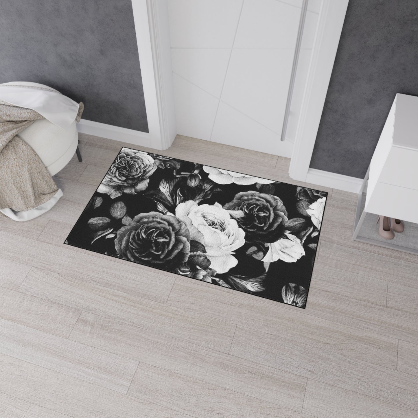 Black and White Floral Heavy Duty Floor Mat