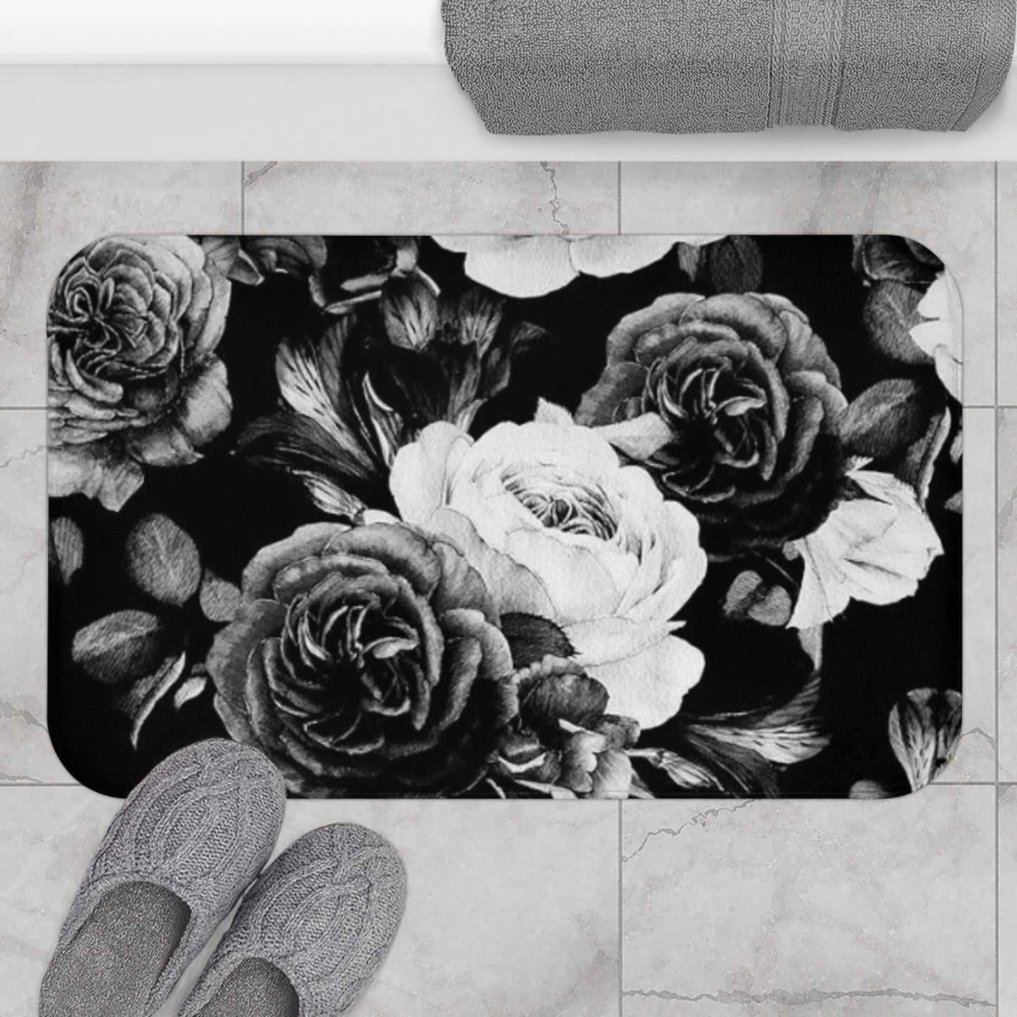 Black and White Floral Bath Mat