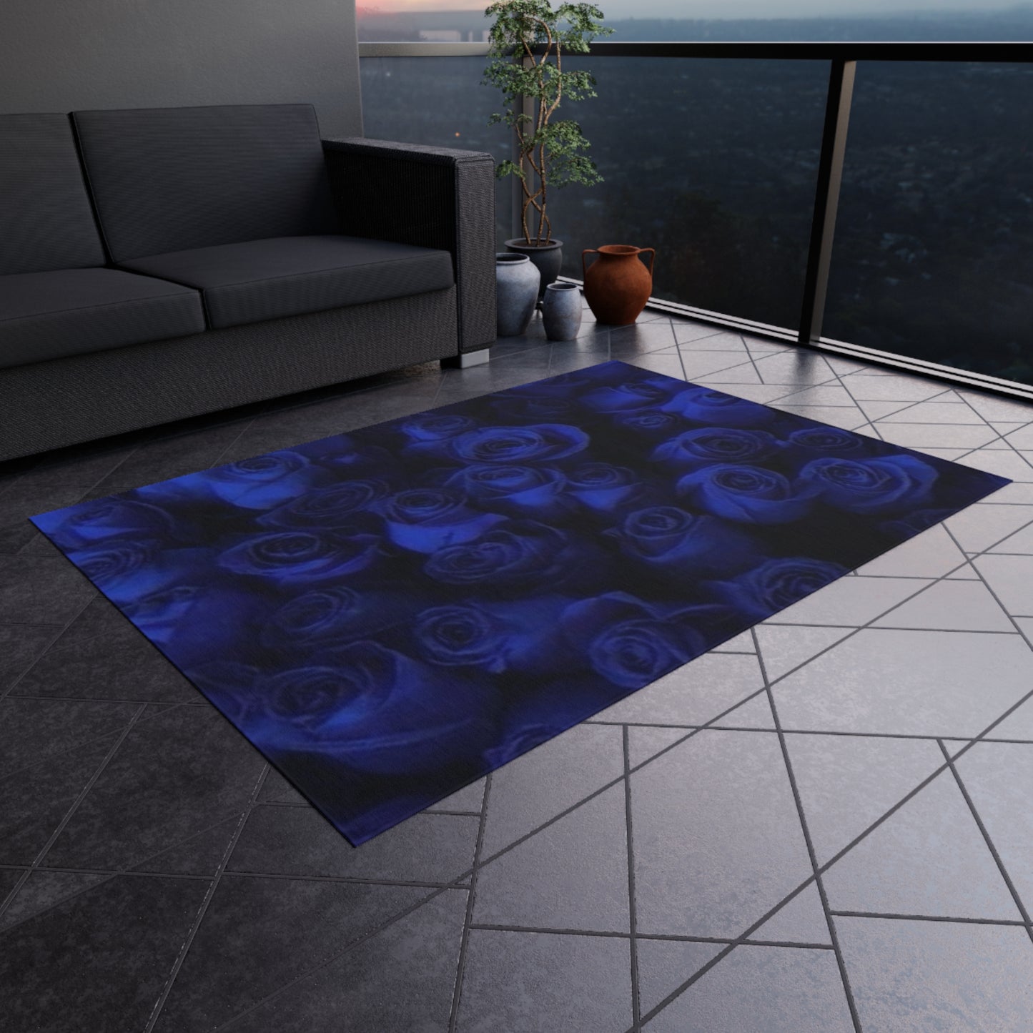 Dark Blue Roses Outdoor Rug