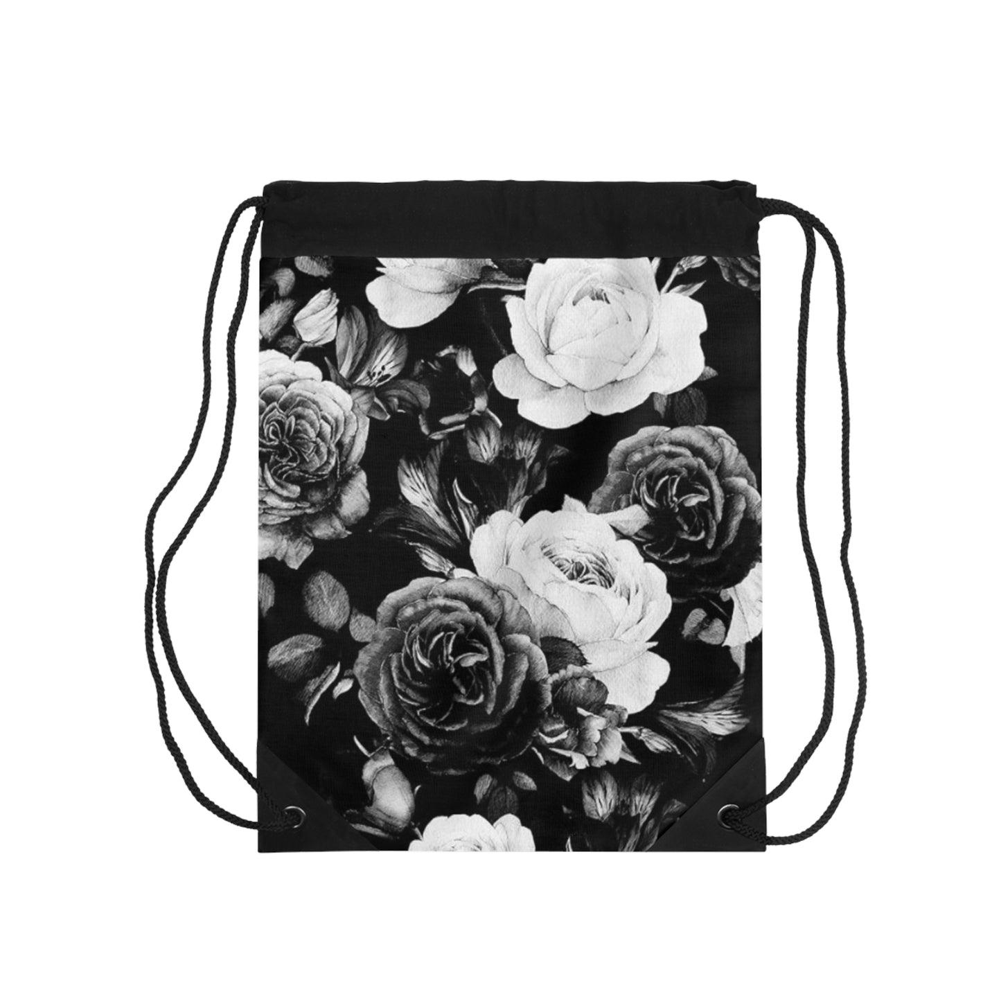 Black and White Floral Drawstring Bag