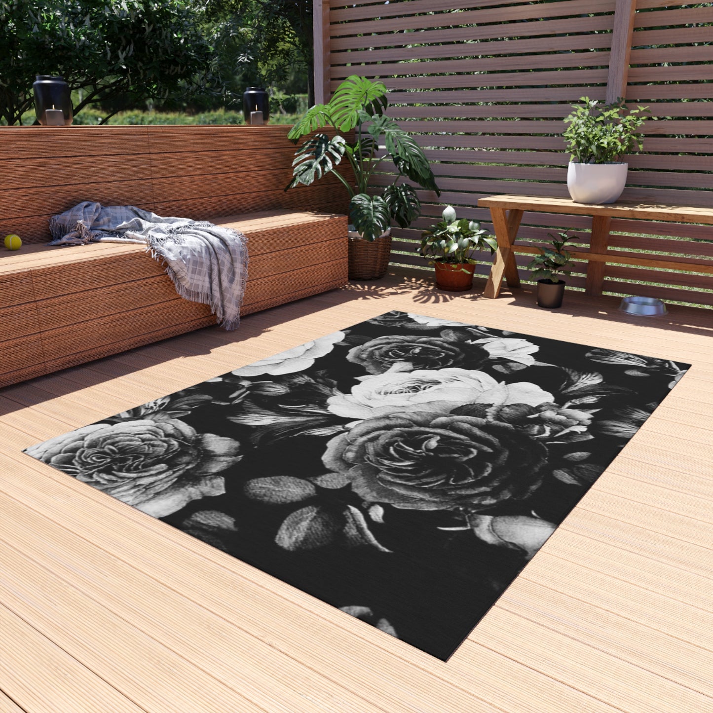 Black and White Floral Outdoor Rug