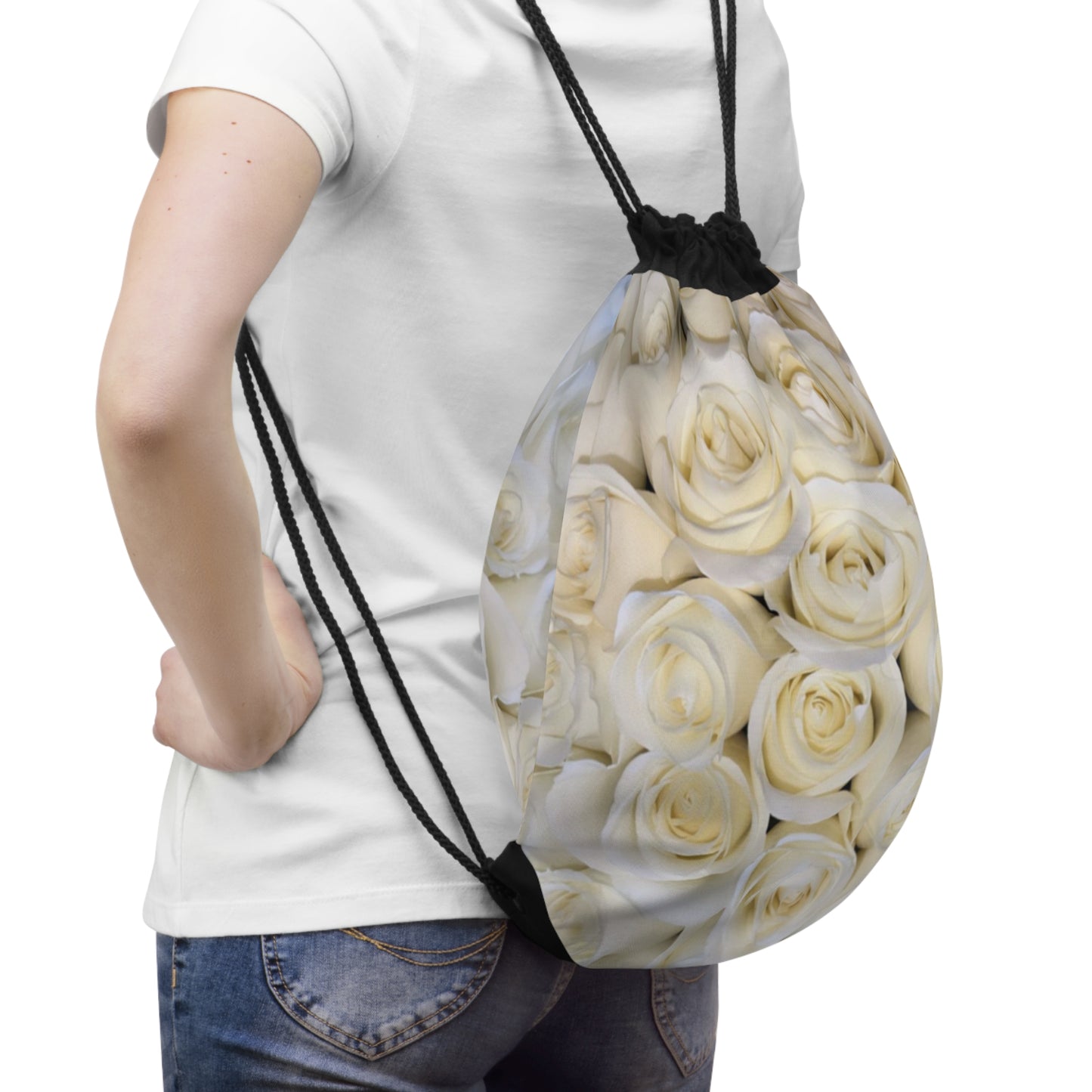 White Roses Drawstring Bag