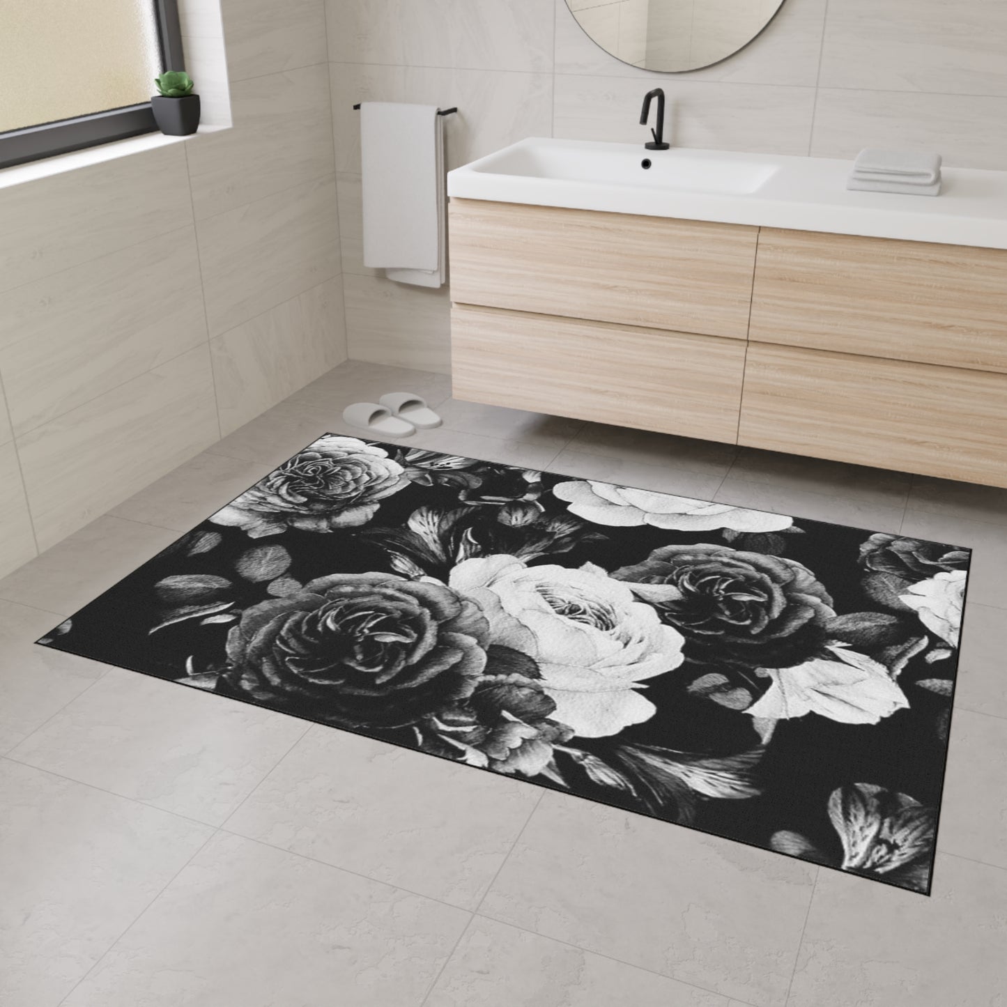 Black and White Floral Heavy Duty Floor Mat