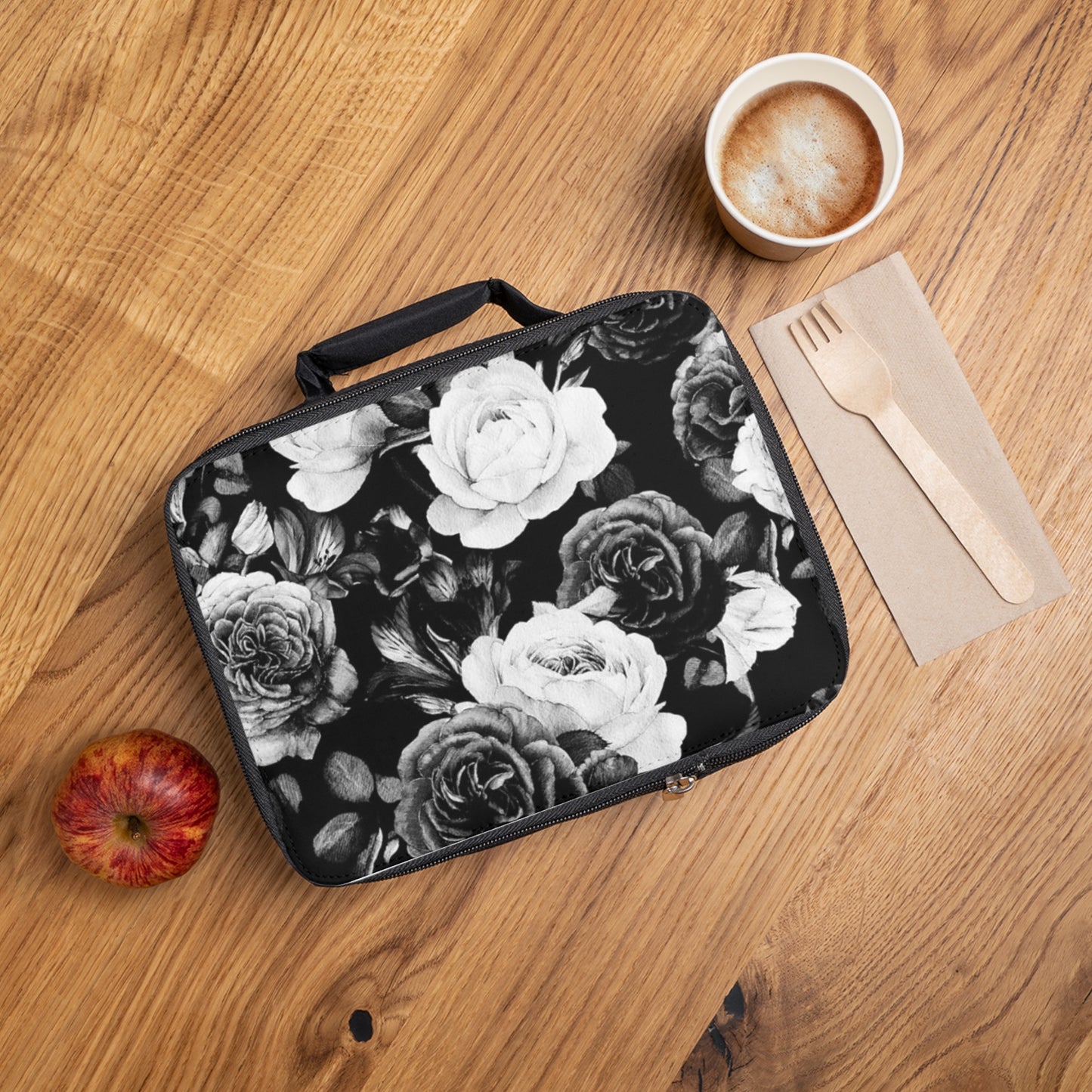 Black and White Floral Lunch Bag