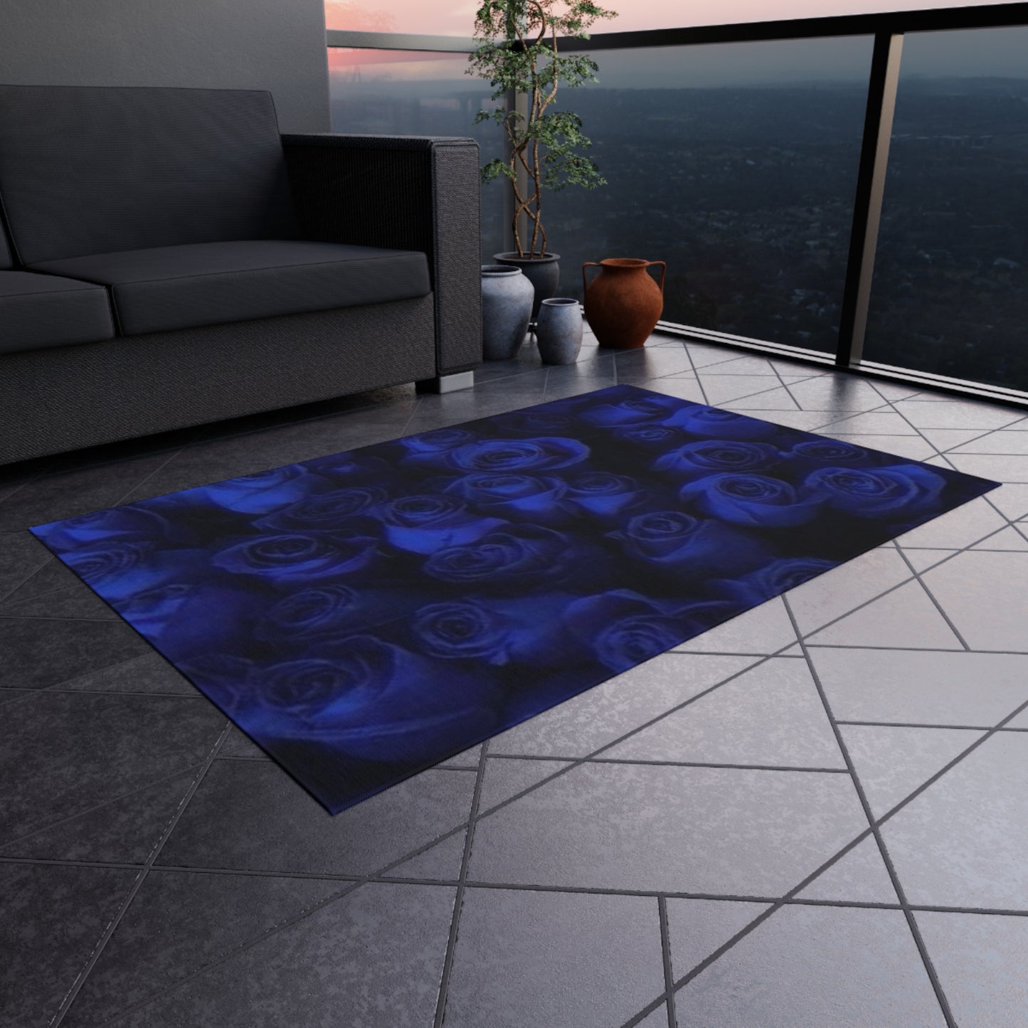 Dark Blue Roses Outdoor Rug