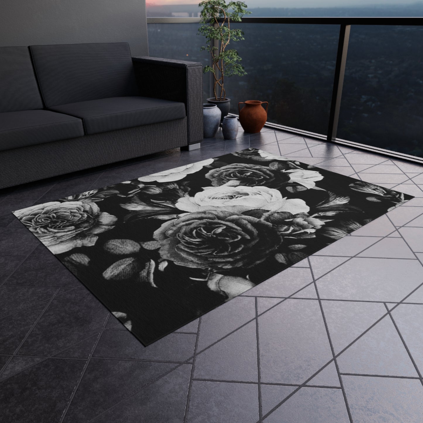 Black and White Floral Outdoor Rug