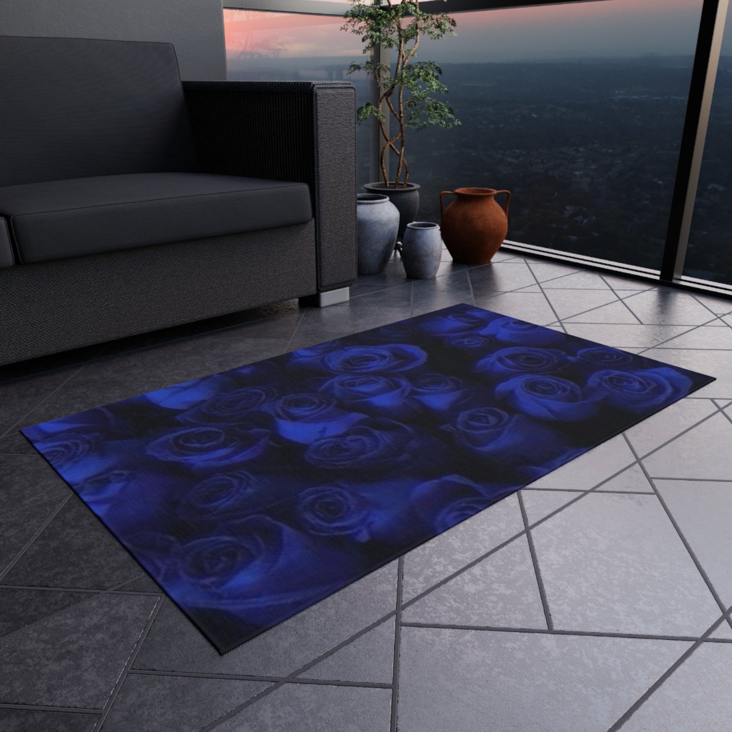 Dark Blue Roses Outdoor Rug