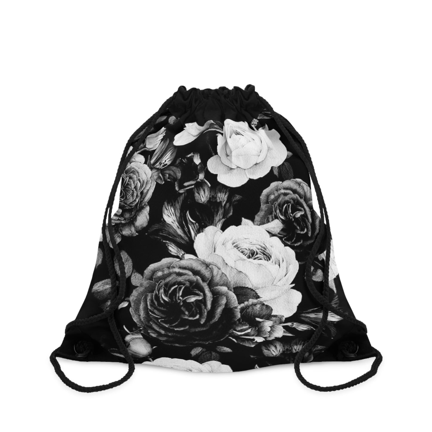 Black and White Floral Drawstring Bag