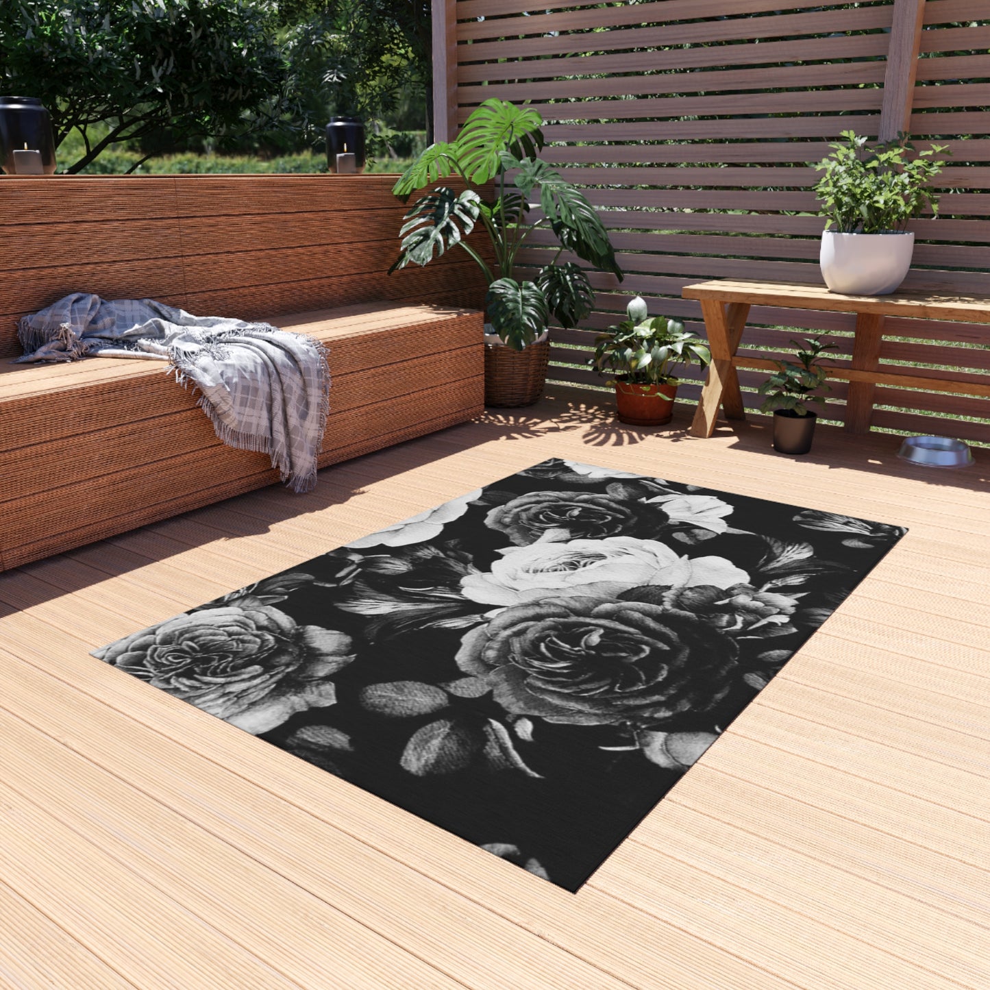 Black and White Floral Outdoor Rug