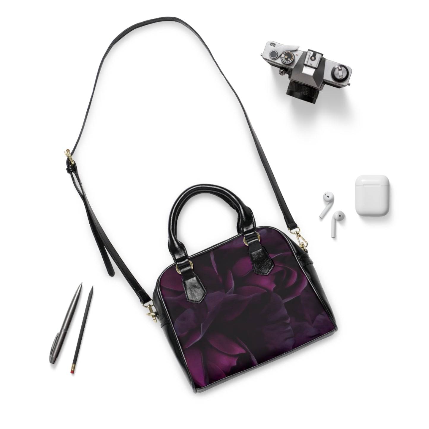 Dark Purple Floral Shoulder Handbag