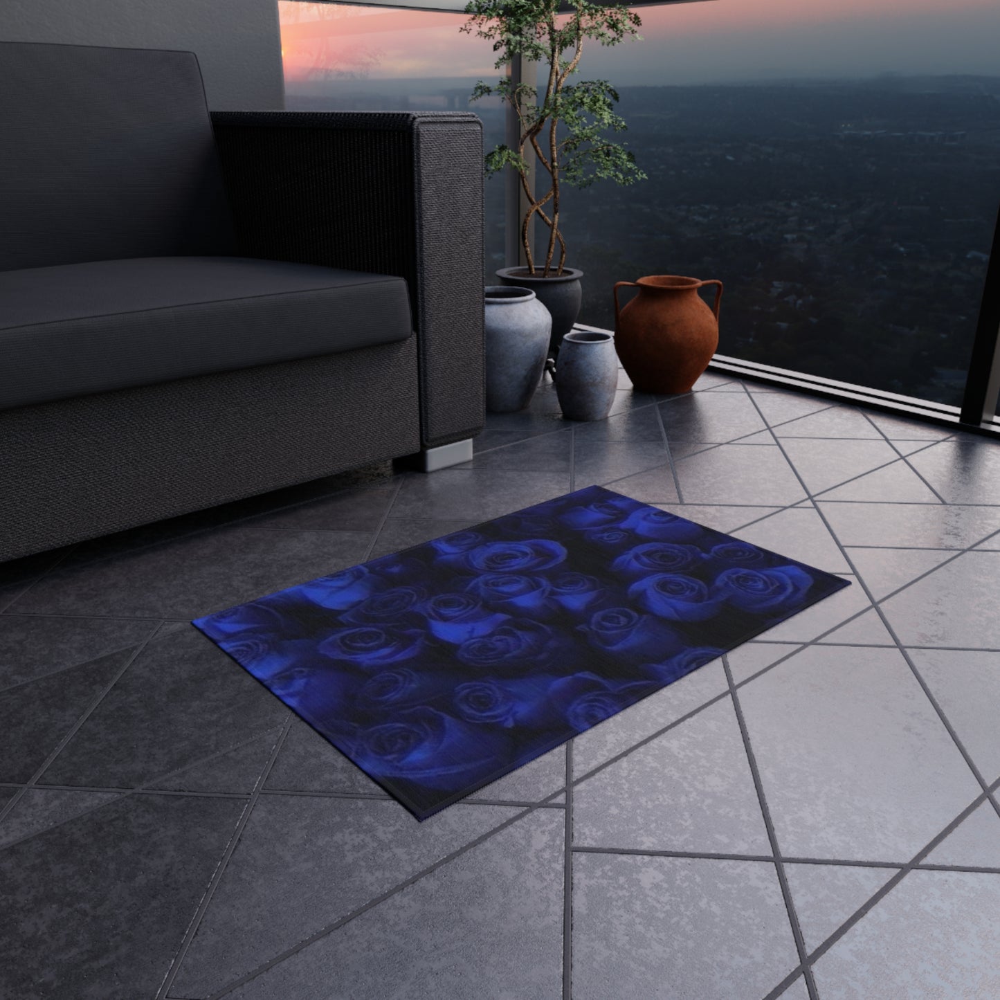 Dark Blue Roses Outdoor Rug