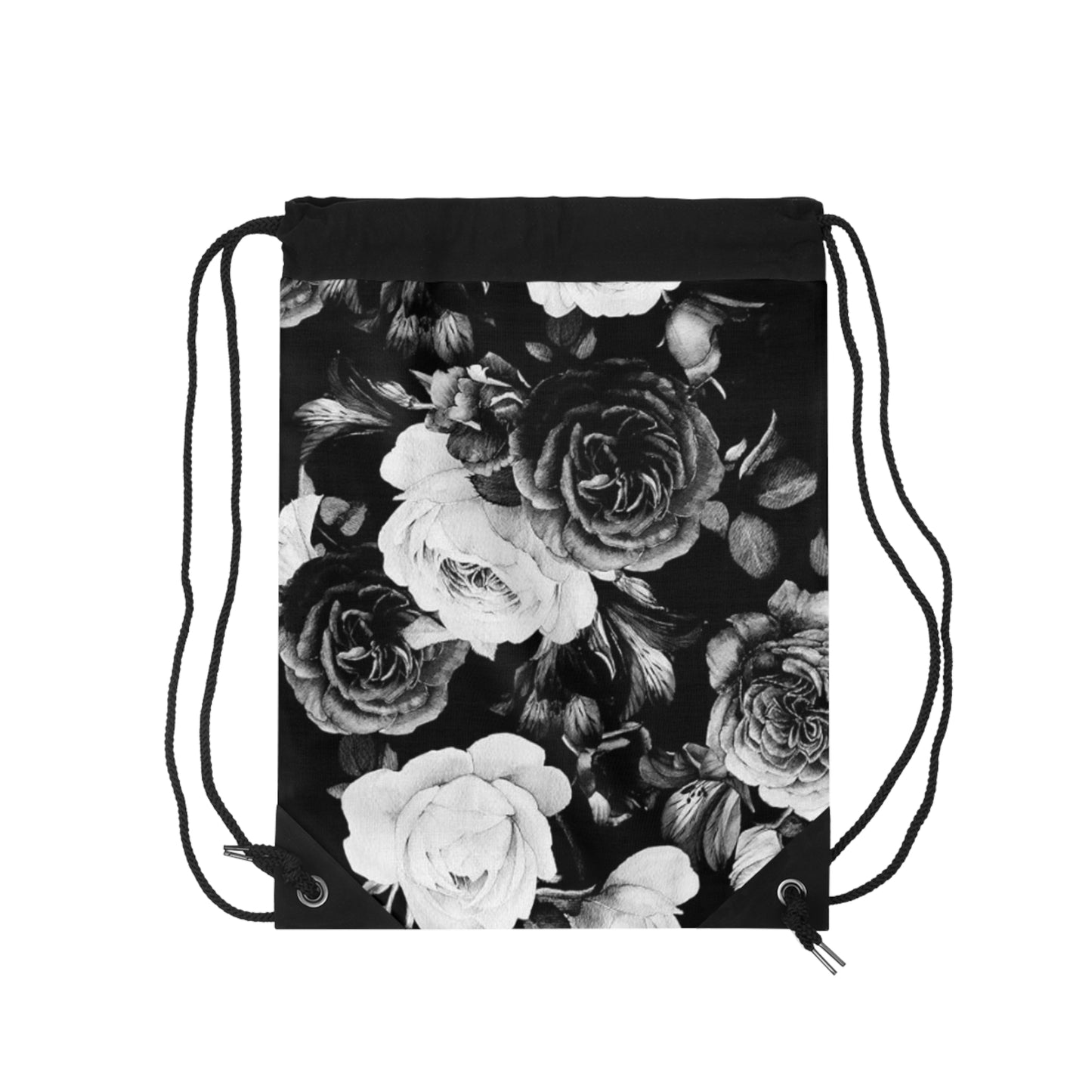 Black and White Floral Drawstring Bag