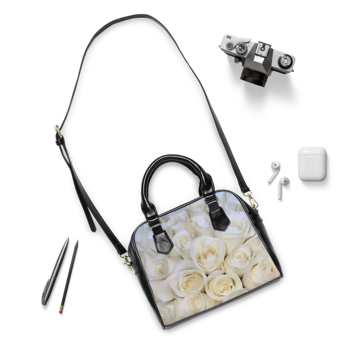 White Roses Shoulder Handbag