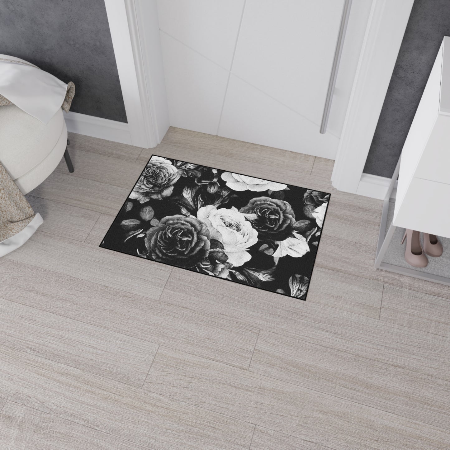 Black and White Floral Heavy Duty Floor Mat