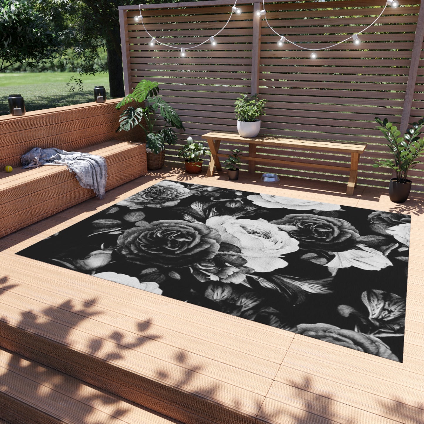 Black and White Floral Outdoor Rug