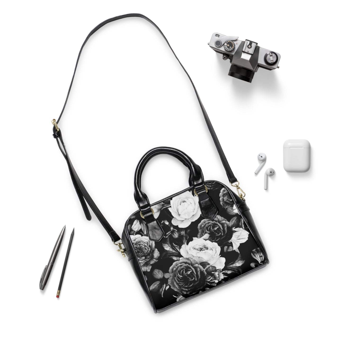 Black and White Floral Shoulder Handbag