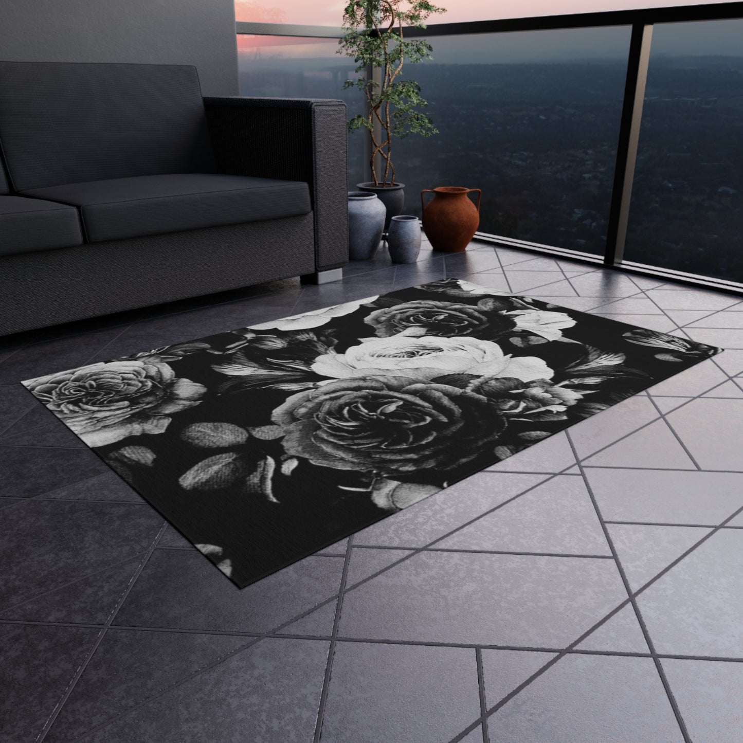 Black and White Floral Outdoor Rug