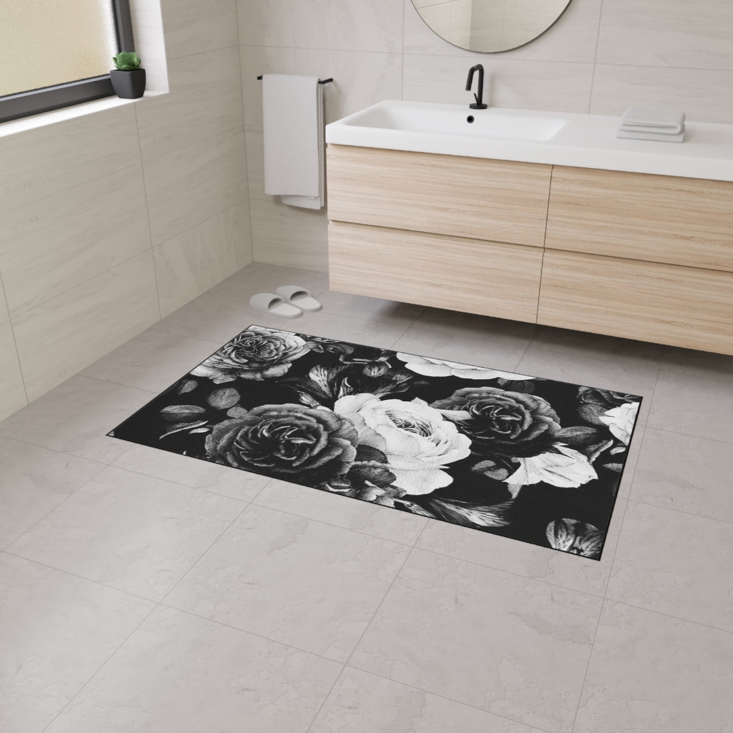 Black and White Floral Heavy Duty Floor Mat