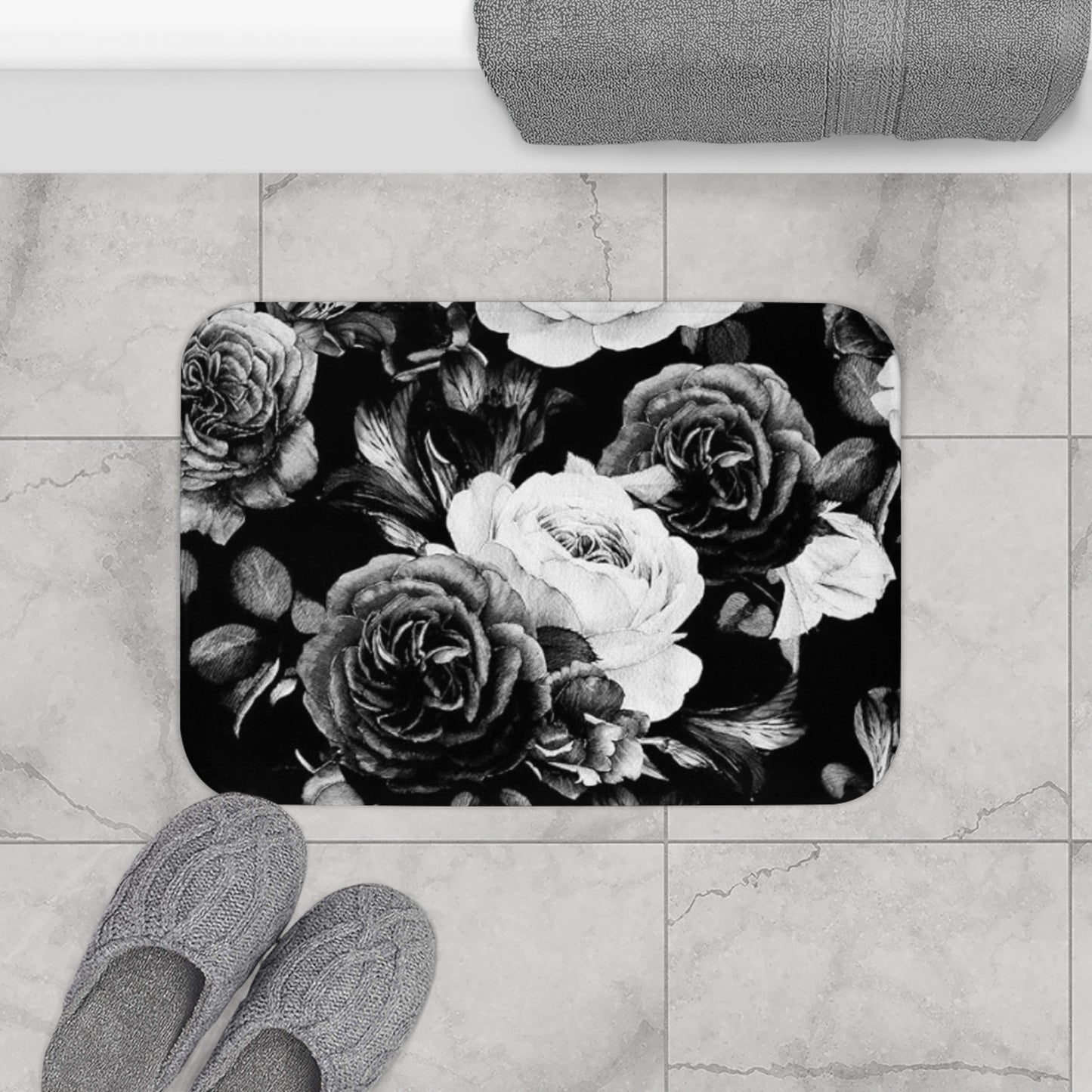 Black and White Floral Bath Mat