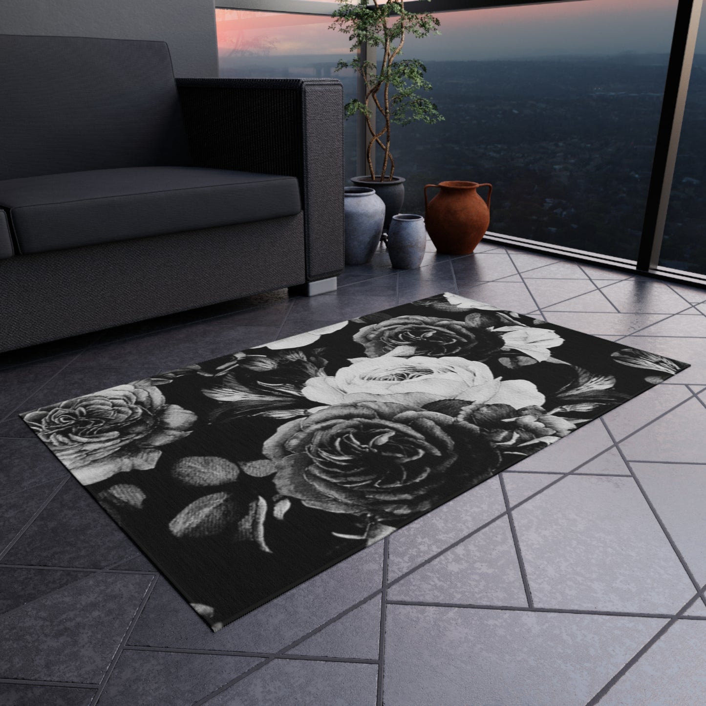 Black and White Floral Outdoor Rug