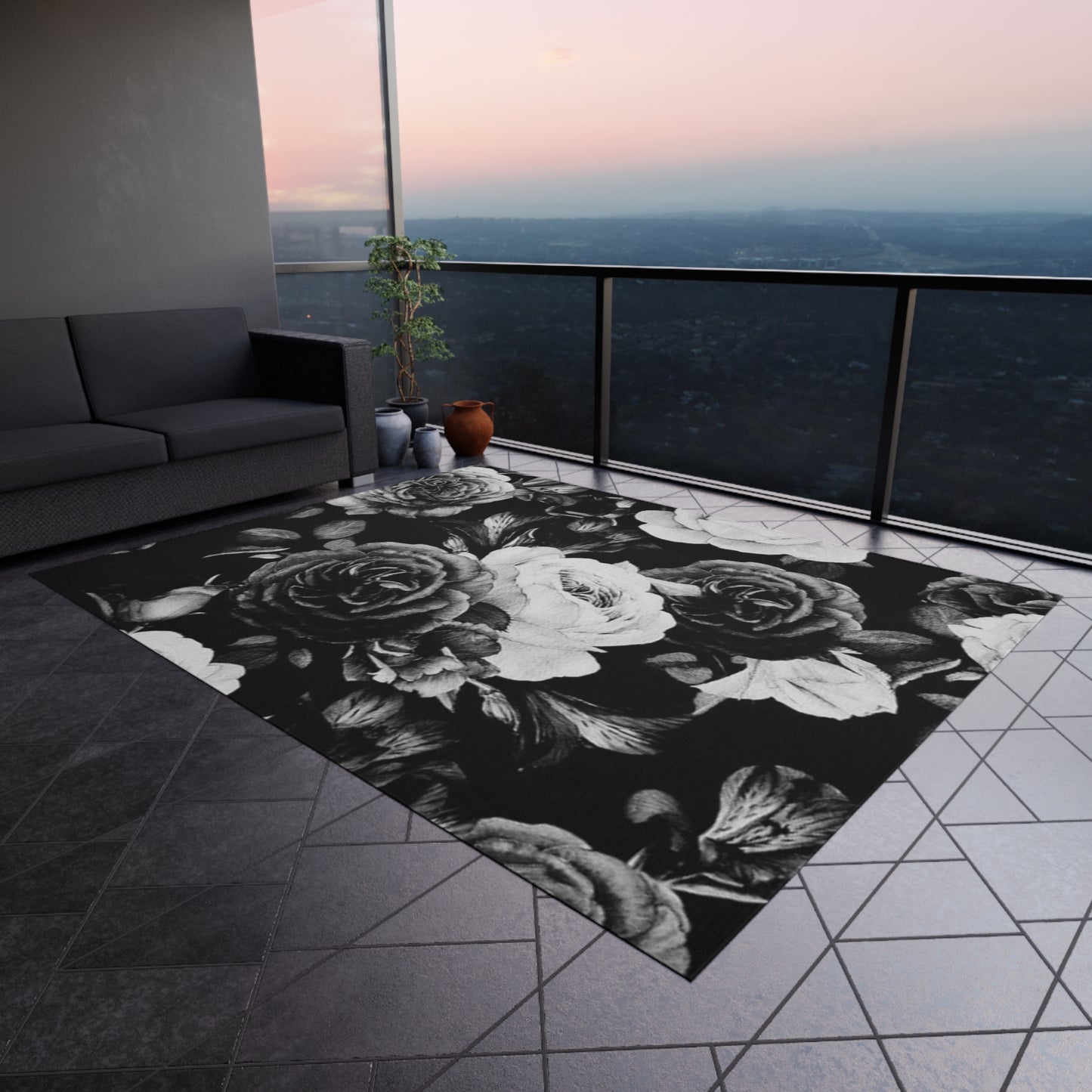 Black and White Floral Outdoor Rug